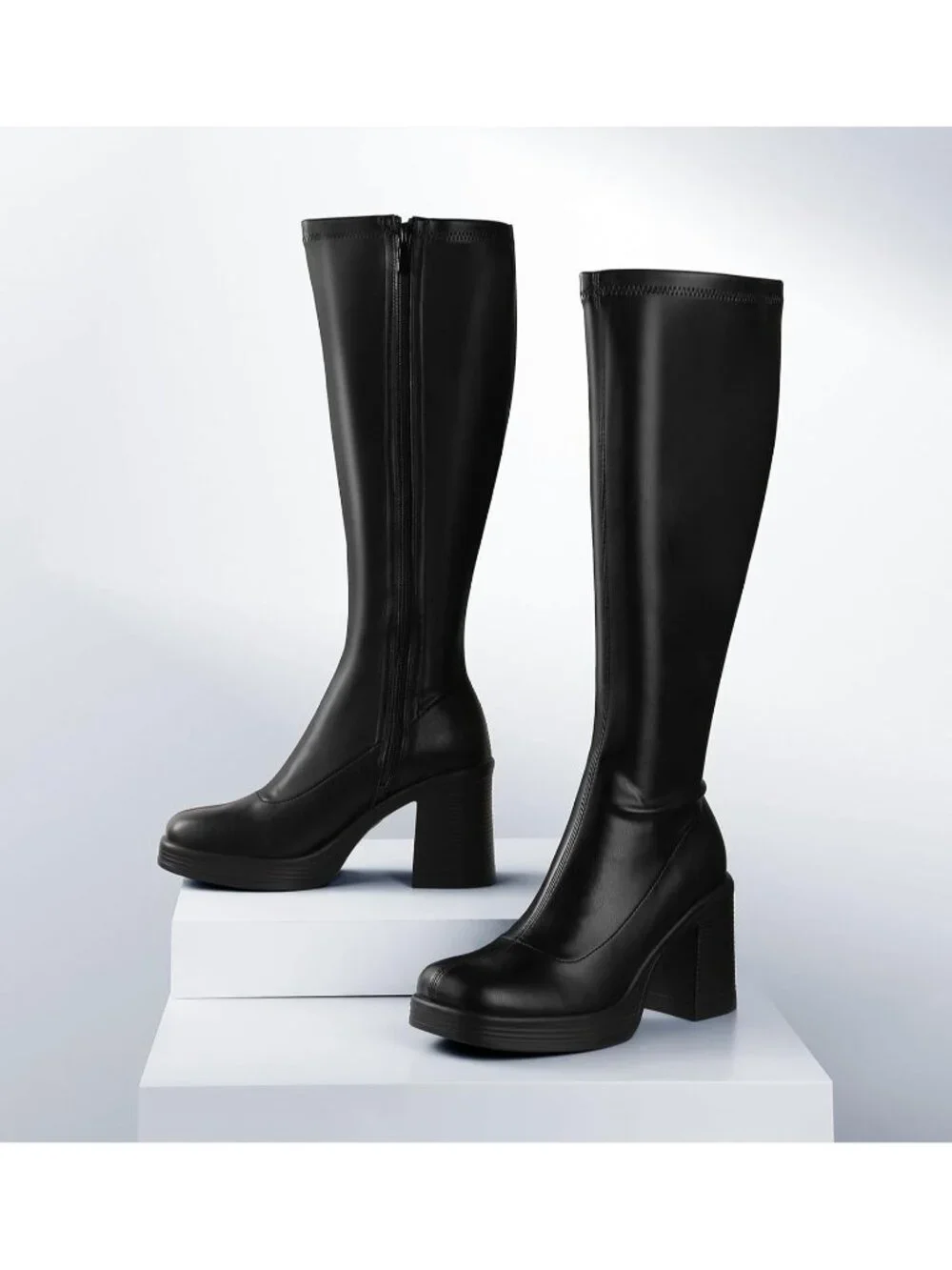 Women's Black Pu Chunky Heel Square Toe Side Zipper Long Gogo Knee High Boots